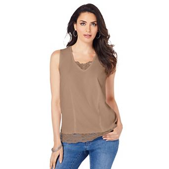 Roaman's Women's Plus Size Lace Trim Satin Tank