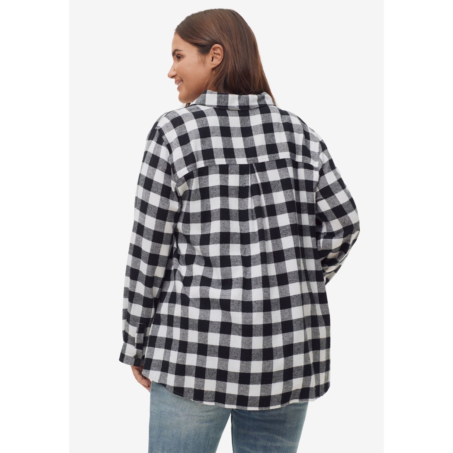 Ellos Plus Size Plaid Flannel Tunic Shirt - Button-Front Long Shirt With Oversized Pockets & Curved Hem