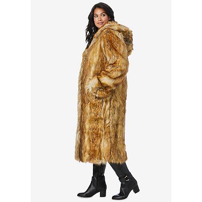 Roaman's Women's Plus Size Hooded Faux Fur Coat