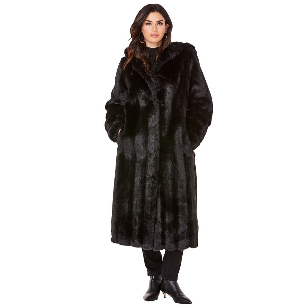Roaman's Women's Plus Size Hooded Faux Fur Coat