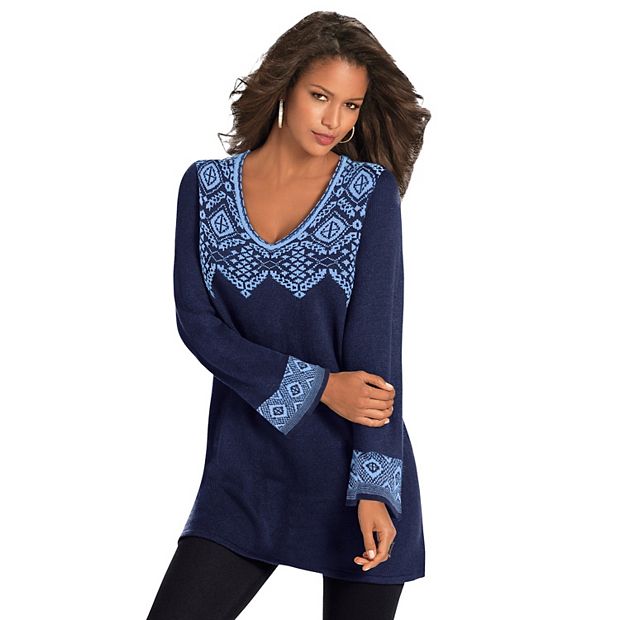 Roaman's Fit and Flare Tunic Sweater - 42/44, Navy French Blue Fair Isle