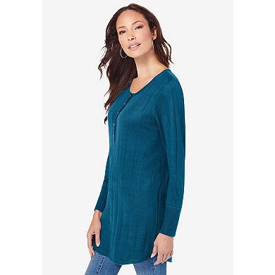 Roaman's Women's Plus Size Fine Gauge Drop Needle Henley Sweater
