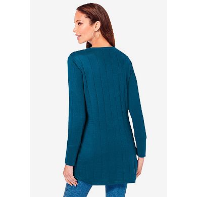 Roaman's Women's Plus Size Drop Needle Henley Lightweight Sweater Knit