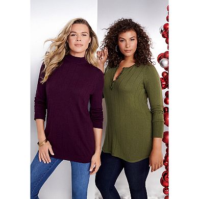 Roaman's Women's Plus Size Drop Needle Henley Lightweight Sweater Knit