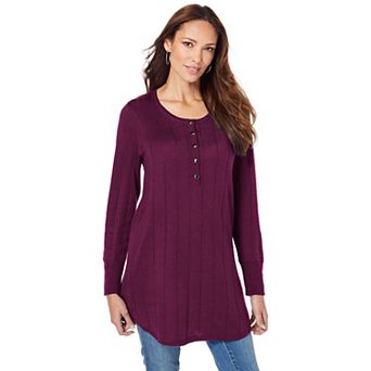 Roaman's Women's Plus Size Plus Size Drop Needle Henley Lightweight Sweater Knit