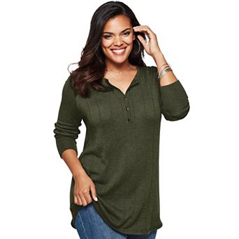Roaman's Women's Plus Size Plus Size Drop Needle Henley Lightweight Sweater Knit
