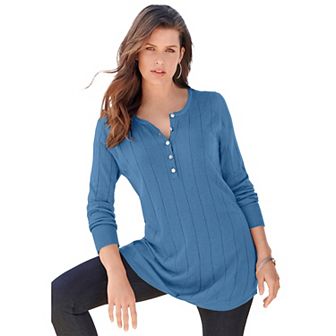 Roaman's Women's Plus Size Plus Size Drop Needle Henley Lightweight Sweater Knit