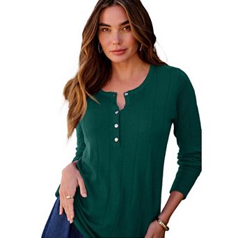 Roaman's Women's Plus Size Drop Needle Henley Lightweight Sweater Knit