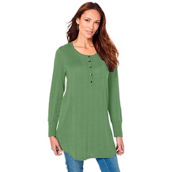 Roaman's Women's Plus Size Drop Needle Henley Lightweight Sweater Knit