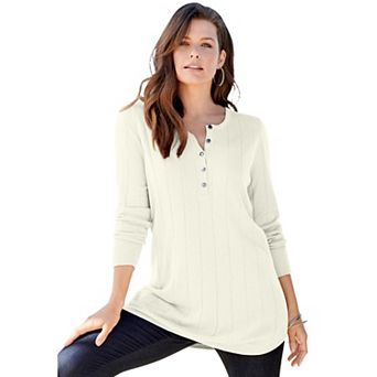 Roaman's Women's Plus Size Drop Needle Henley Lightweight Sweater Knit