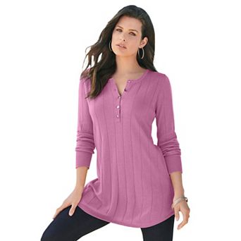 Roaman's Women's Plus Size Drop Needle Henley Lightweight Sweater Knit