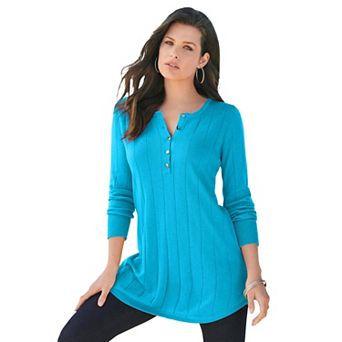 Roaman's Women's Plus Size Plus Size Drop Needle Henley Lightweight Sweater Knit