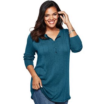 Roaman's Women's Plus Size Plus Size Drop Needle Henley Lightweight Sweater Knit