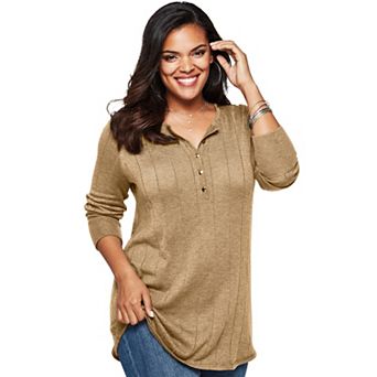 Roaman's Women's Plus Size Plus Size Drop Needle Henley Lightweight Sweater Knit