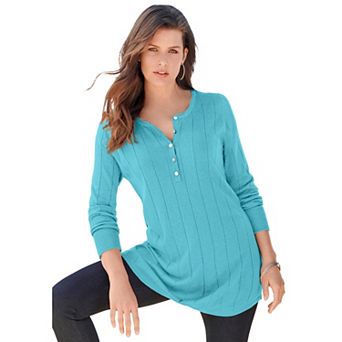 Roaman's Women's Plus Size Drop Needle Henley Lightweight Sweater Knit