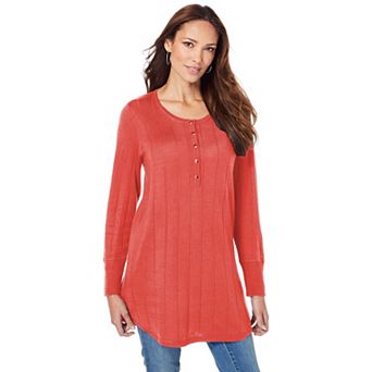 Roaman's Women's Plus Size Plus Size Drop Needle Henley Lightweight Sweater Knit