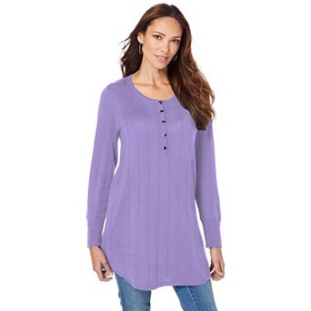 Roaman's Women's Plus Size Drop Needle Henley Lightweight Sweater Knit
