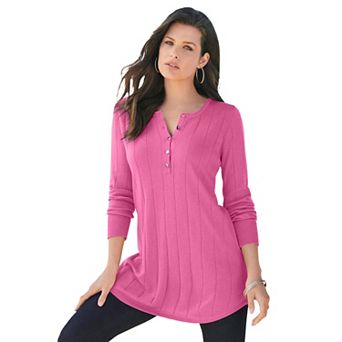 Roaman's Women's Plus Size Plus Size Drop Needle Henley Lightweight Sweater Knit