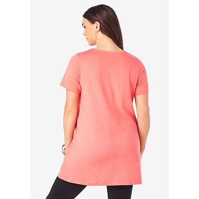 Roaman's Women's Plus Size Lattice Neck Short Sleeve Ultimate Tunic