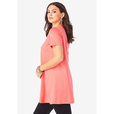 Roaman's Women's Plus Size Ultimate Lattice Neck Short Sleeve Tunic