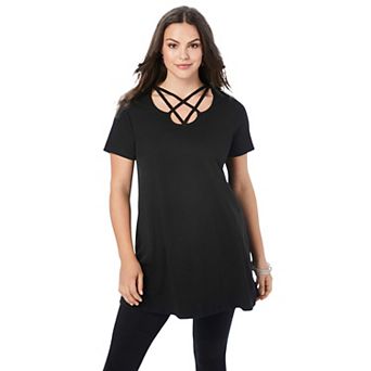 Roaman's Women's Plus Size Ultimate Lattice Neck Short Sleeve Tunic