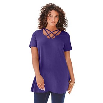 Roaman's Women's Plus Size Ultimate Lattice Neck Short Sleeve Tunic