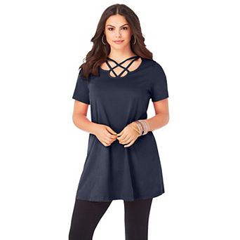 Roaman's Women's Plus Size Ultimate Lattice Neck Short Sleeve Tunic