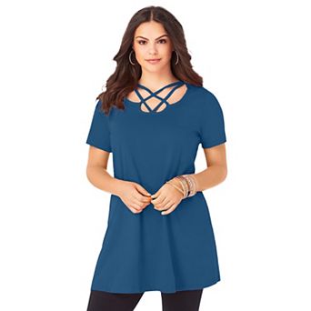 Roaman's Women's Plus Size Ultimate Lattice Neck Short Sleeve Tunic