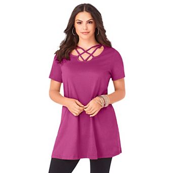Roaman's Women's Plus Size Ultimate Lattice Neck Short Sleeve Tunic