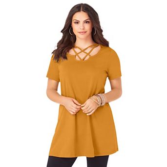 Roaman's Women's Plus Size Ultimate Lattice Neck Short Sleeve Tunic