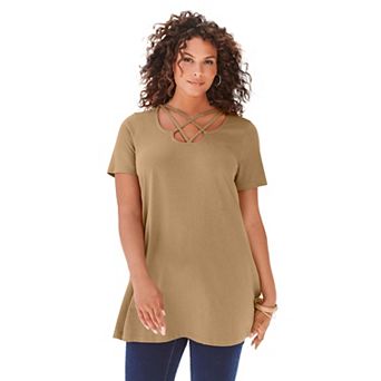 Roaman's Women's Plus Size Ultimate Lattice Neck Short Sleeve Tunic
