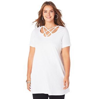Roaman's Women's Plus Size Ultimate Lattice Neck Short Sleeve Tunic
