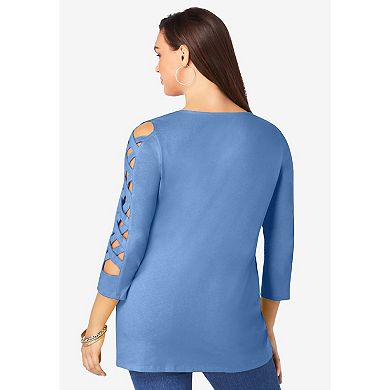 Roaman's Women's Plus Size Lattice Sleeve Ultimate Tee