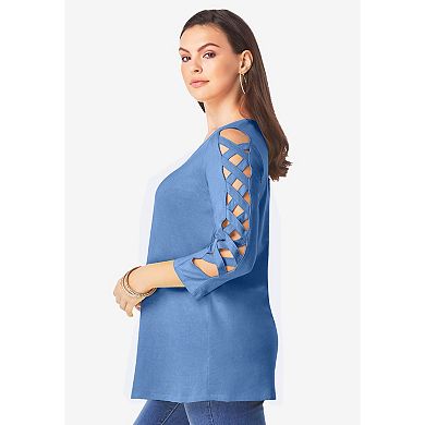 Roaman's Women's Plus Size Ultimate Lattice Sleeve Tee
