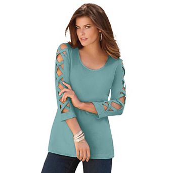 Roaman's Women's Plus Size Ultimate Lattice Sleeve Tee