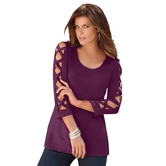 Roaman's Women's Plus Size Ultimate Lattice Sleeve Tee