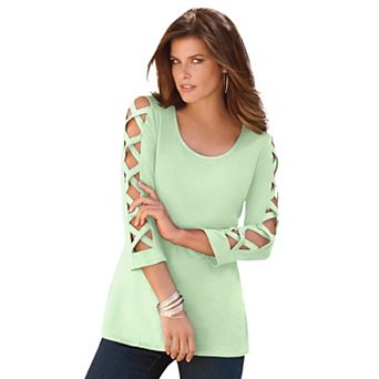 Roaman's Women's Plus Size Ultimate Lattice Sleeve Tee