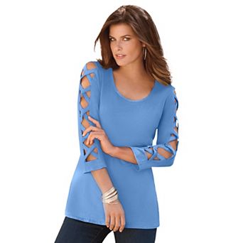 Roaman's Women's Plus Size Ultimate Lattice Sleeve Tee