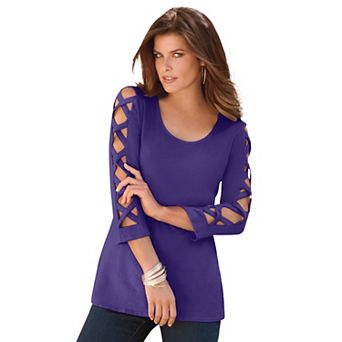 Roaman's Women's Plus Size Ultimate Lattice Sleeve Tee