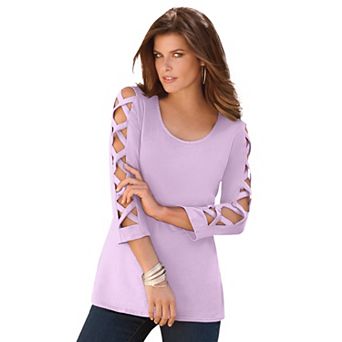Roaman's Women's Plus Size Ultimate Lattice Sleeve Tee