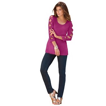 Roaman's Women's Plus Size Ultimate Lattice Sleeve Tee