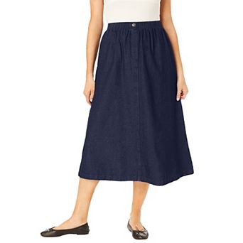 Woman Within Plus Size Petite 7-Day Elastic-Waist All-Cotton Pull-On Denim Jeans Skirt