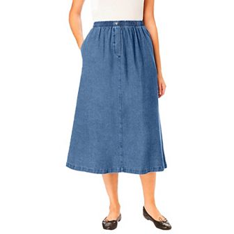 Woman Within Plus Size 7-Day Elastic-Waist All-Cotton Pull-On Denim Jeans Skirt