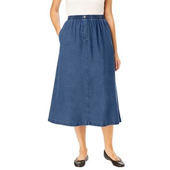 Woman Within Plus Size 7-Day Elastic-Waist All-Cotton Pull-On Denim Jeans Skirt