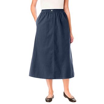 Woman Within Plus Size 7-Day Elastic-Waist All-Cotton Pull-On Denim Jeans Skirt