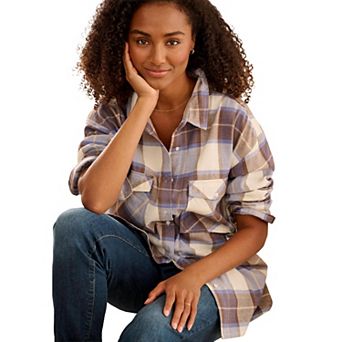 Ellos Plus Size Plaid Button-Front Flannel Tunic