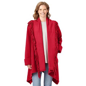 Woman Within Plus Size Fringed Shawl Collar Fleece Jacket