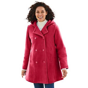 Woman Within Plus Size Double-Breasted Hooded Fleece Peacoat