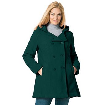 Woman Within Plus Size Double-Breasted Hooded Fleece Peacoat