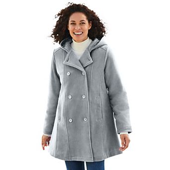 Woman Within Plus Size Double-Breasted Hooded Fleece Peacoat